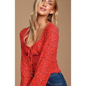 Free People Lolita Red Floral Ruffled Crop Top Womens S Boho Romantic
